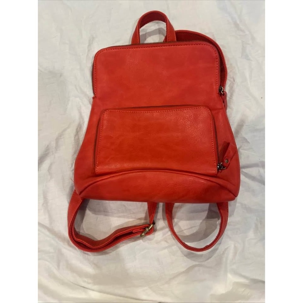 Joy Susan Red Vegan Leather Mini Backpack Double Zip Damask Lining